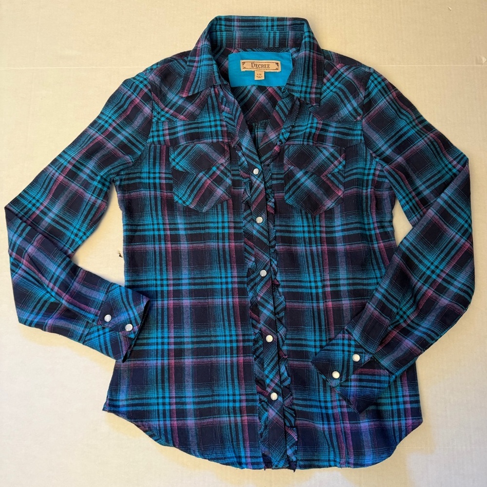 Decree long sleeve Teal & Purple Plaid‎ Shirt with western style Sz-L. CC9